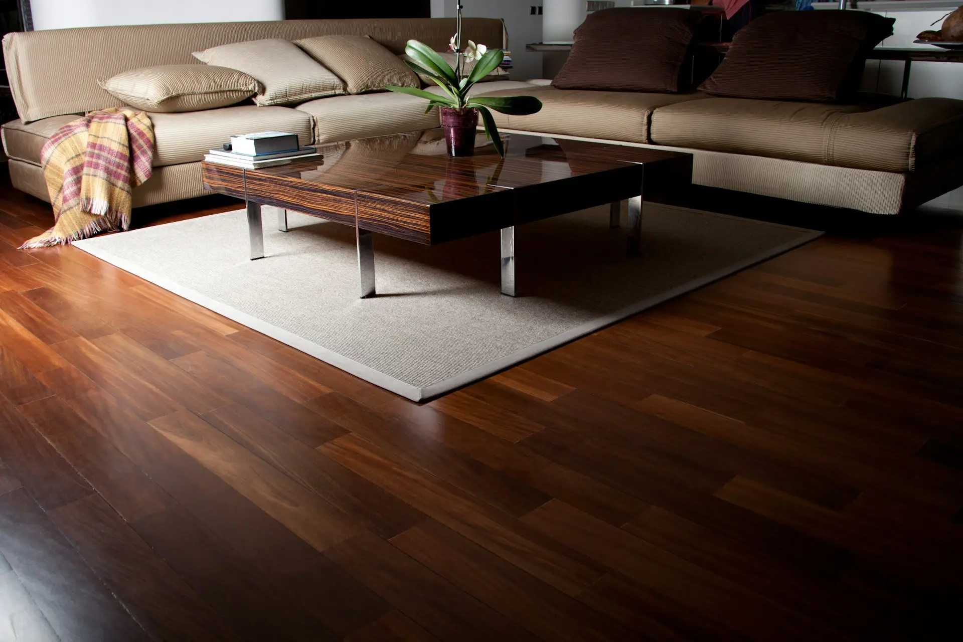 Luxury vinyl plank flooring installation in a residential living room